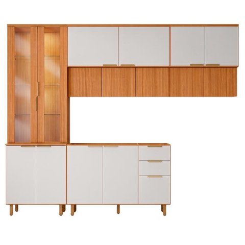 Cozinha Armário 4 Peças 270 cm Cristaleira Balcão para Pia MDF Bari Poliman - Freijo Off Acetinado