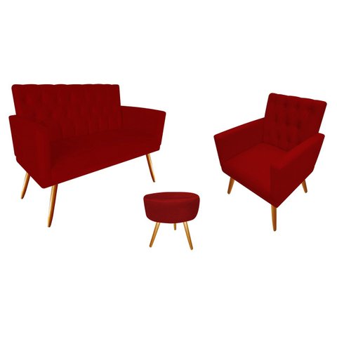Kit Namoradeira + 1 Poltrona Decorativa Nina Capitonê + Puff Redondo Suede Vermelho Pés Madeira Mz D