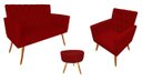 Ver imagem 1 de Kit Namoradeira + 1 Poltrona Decorativa Nina Capitonê + Puff Redondo Suede Vermelho Pés Madeira Mz D