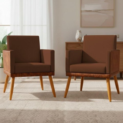 Kit 2 Poltronas Decorativas Lis Assento Confortável Linho Terracota Pé Palito Clique & Decore