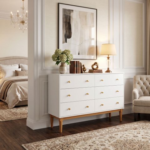 Cômoda Industrial Estella 6 Gavetas p/ Quarto Casal Design Moderno - Branco Premium