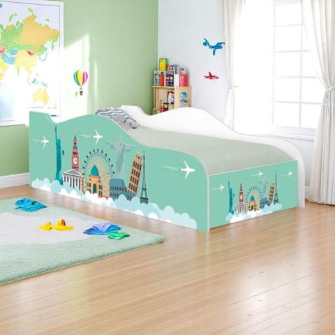 Cama Solteiro Infantil com Colchão Viagem Pelo Mundo MDF Branco Casah