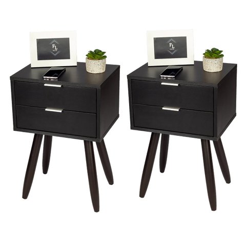 KIT Mesa De Cabeceira Retro PRETO COM 2 GAVETAS DE 30cm Pé MARROM ESCURO ENVIO MONTADA