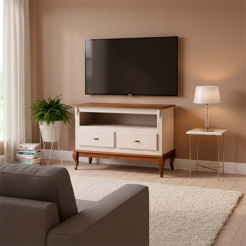 Rack para TV até 50 Polegadas 120 cm 2 Gavetas Pés Luis Xv em Madeira + Nicho