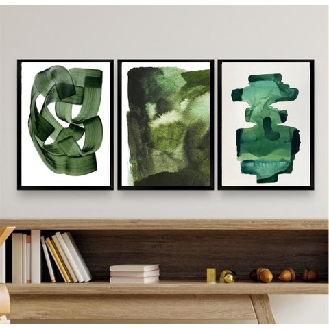Kit 3 Quadros Decorativos Sala Abstratos Verde Escuro 45x34cm:madeira Branca