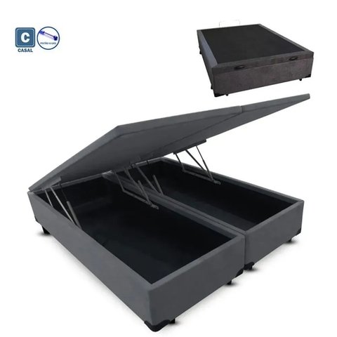 Cama Box Baú Casal Premium Cinza Bipartido Com Pistão A Gás - 138x188x41