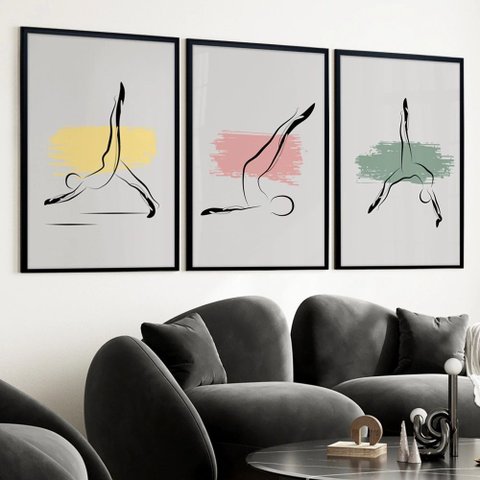 Kit 3 Quadros Decorativos Pilates - Abstratos 24x18cm - com Vidro:moldura Preta