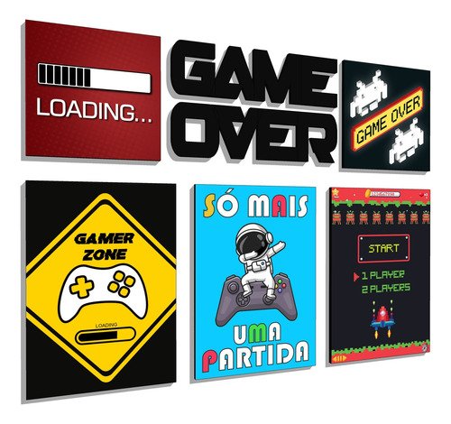 Kit Placas Decorativas Grandes Gamer Nerd Game Over Mdf