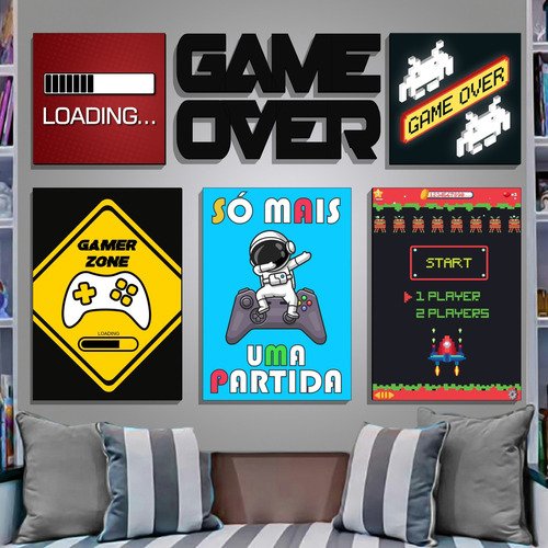 Kit Placas Decorativas Grandes Gamer Nerd Game Over Mdf - 2