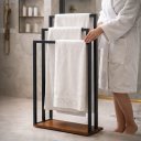 Ver imagem 3 de Suporte Porta Toalha Triplo de Chão para Banheiro Lavabo com Base em Madeira