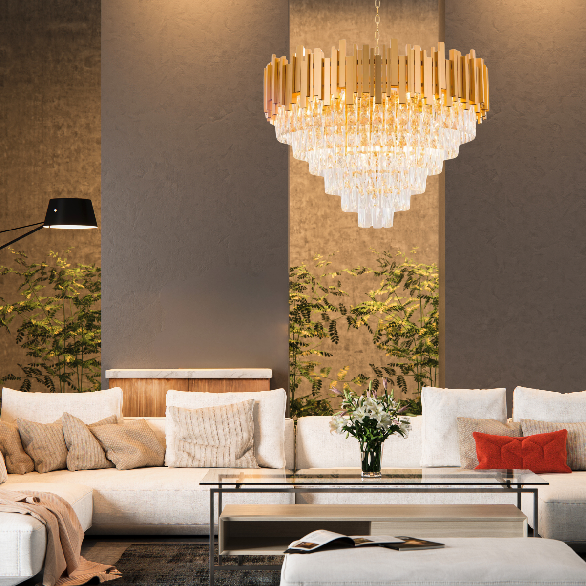 Ver imagem 2 de Lustre Pendente 100x80cm Vana Gold 242 Cristais 15 E14 Dourado Luminária Teto Gimpo Kjdd-vg6