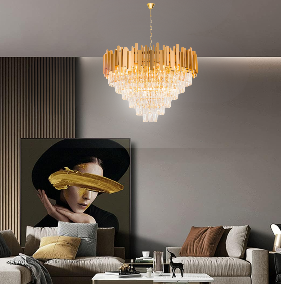 Ver imagem 6 de Lustre Pendente 100x80cm Vana Gold 242 Cristais 15 E14 Dourado Luminária Teto Gimpo Kjdd-vg6