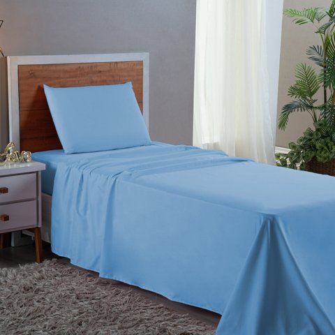Conjunto Lençol Cama Solteiro 3 Peças 400 com Elástico e Fronha Toque Macio:azul Piscina