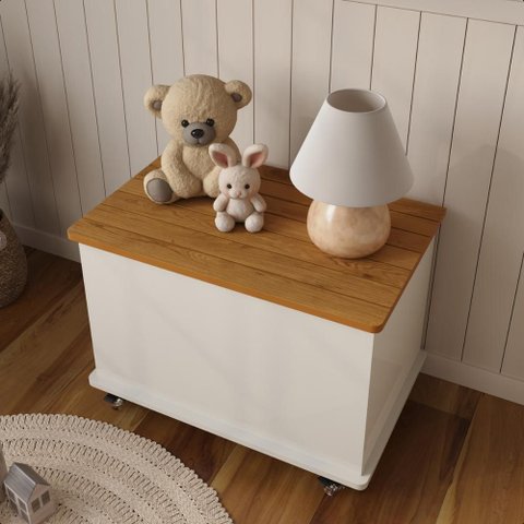 Banco Bau Luquinha Tampo Fresado Basculante Rodízios em Gel Off White Cedro Ofertamo