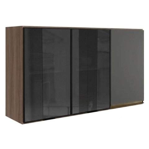 Armario Aereo 3 Portas Vidro MDF 120 cm Kali 1219717 Nicioli Carvalho Toq Chumbo