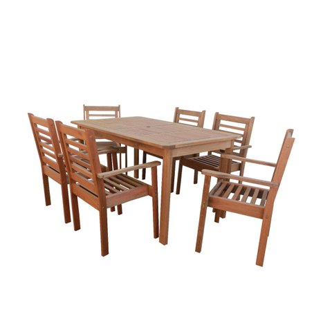 Conjunto 6 Cadeiras Poltronas Empilháveis e Mesa Retangular Madeira Maciça