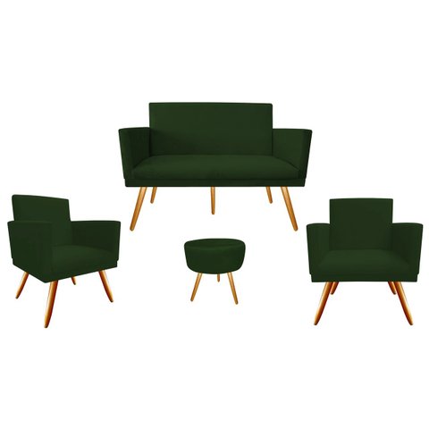 Kit Namoradeira + 2 Poltronas Decorativa Nina + Puff Redondo Suede Verde Pés Madeira Ms Decor