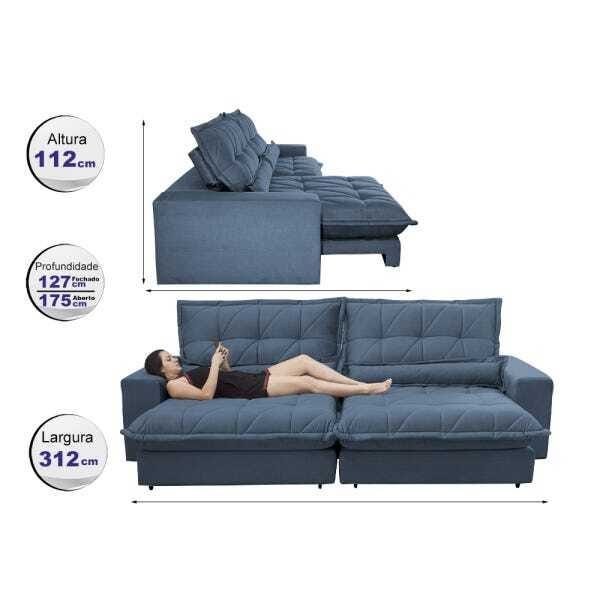 Sofá Retrátil e Reclinável 3,12m com Molas Ensacadas Cama Inbox Soft Tecido Suede Azul - 2