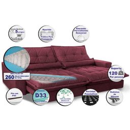 Sofá Retrátil e Reclinável 2,52m com Molas Ensacadas Cama Inbox Soft Tecido Suede Vinho - 3