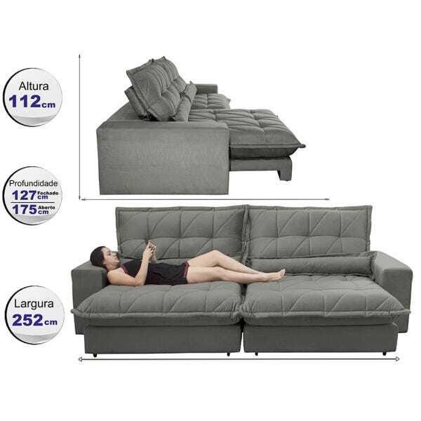 Sofá Retrátil e Reclinável 2,52m com Molas Ensacadas Cama Inbox Soft Tecido Suede Cinza - 2