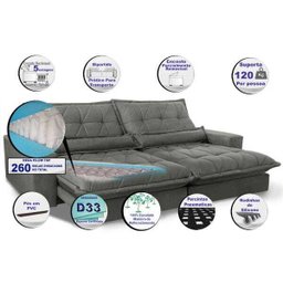 Sofá Retrátil e Reclinável 2,52m com Molas Ensacadas Cama Inbox Soft Tecido Suede Cinza - 3