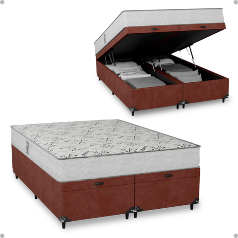 Cama Baú Casal Bipartido Suede Marrom+ Colchão D33 One Face Branco- e-Shop Casa