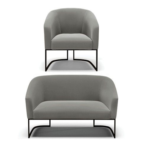 Sofá Namoradeira e Poltrona Base Industrial Preto Stella Suede D03 - D'Rossi Cor Grafite