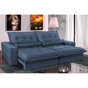 Sofá Retrátil e Reclinável 2,52m com Molas Ensacadas Cama Inbox Soft Tecido Suede Azul