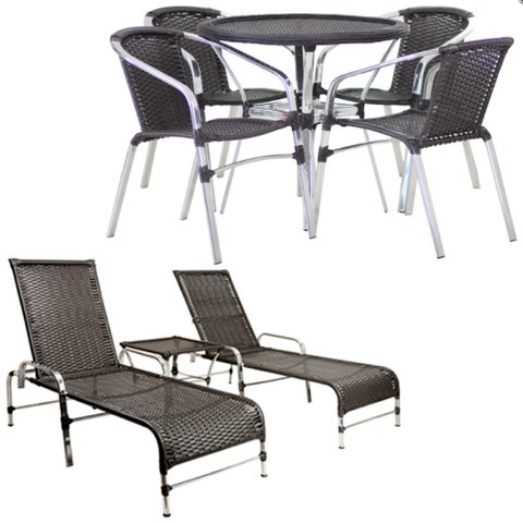 Kit 4 Cadeiras Floripa e Mesa Tampo Tramado com 2 Espreguiçadeiras Catar e Mesa Piscina, Jardim, Var