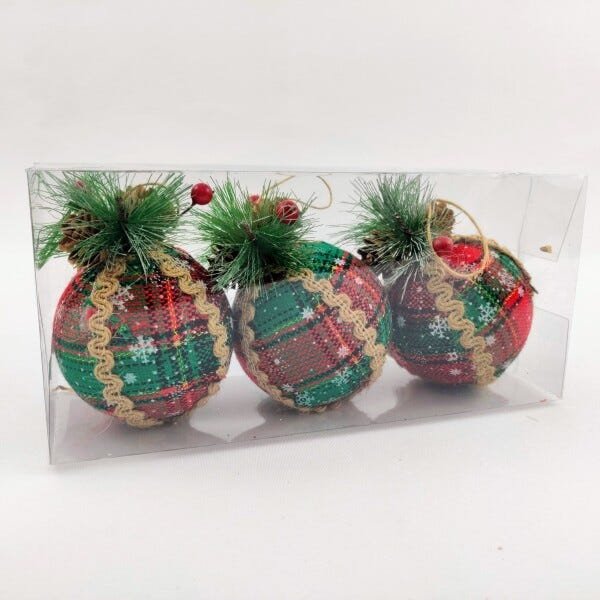 Jogo Com 3 Bolas de Natal Ø 12cm Vermelha Camurça Decorada - Papel Mache