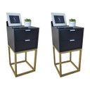 Ver imagem 1 de Kit 2 Mesas Cabeceira Industrial 30cm Preto 2 Gavetas Base Metal Dourado Lateral Cama