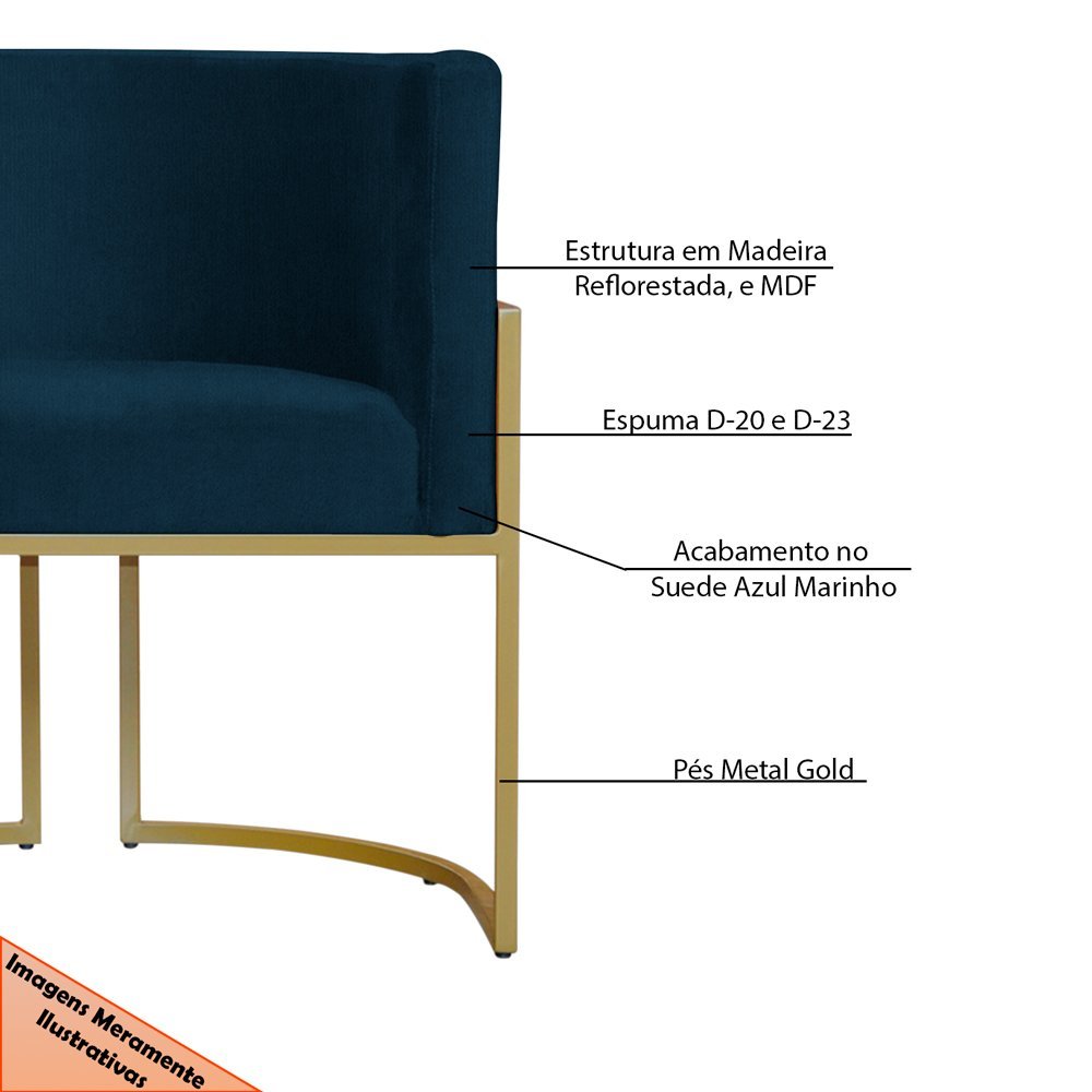 Kit 5 Poltronas Decorativa Sala de Estar Luana Base Gold Suede Azul Marinho - Montanaris Decor Md Mo - 6