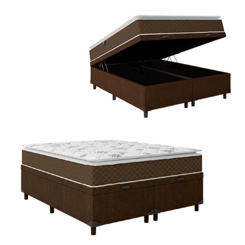 Cama Box Baú Queen Colchão Molas Ensacadas Pillow Top Martino 158x198x66cm Marrom/Branco