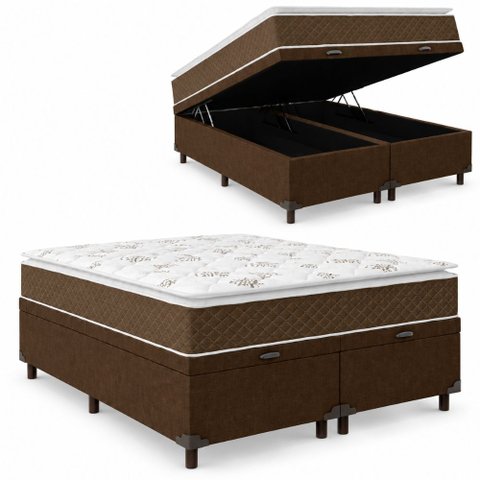 Cama Box Baú Queen Colchão Molas Ensacadas Pillow Top Martino 158x198x66cm Marrom/Branco