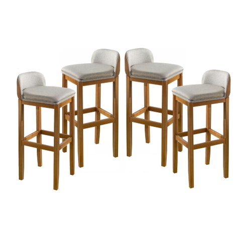 Conjunto 4 Banquetas Altas com Encosto Apoio para o Pés em Madeira Quadrada para Area Lazer Gourmet