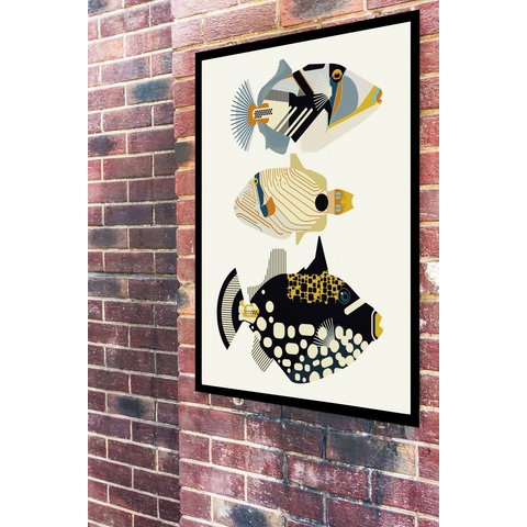 Quadro Decorativo Trio Peixes Abstrato - 70x50cm:moldura Preta