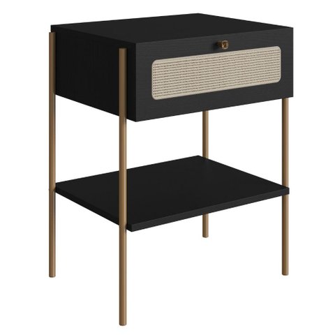 Mesa Cabeceira 1 Gaveta Oslo Artesano 48 Cm (largura) Mdp Nero Palha Sintética Bege Pé Metal