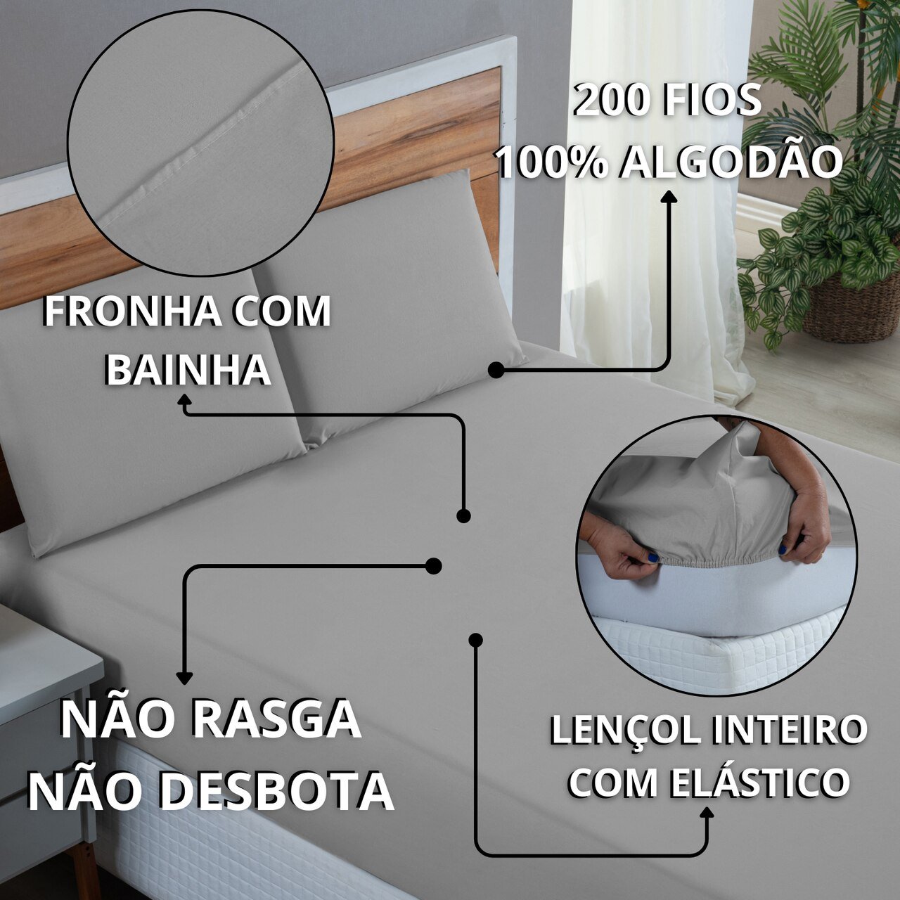 Kit Conjunto Lençol Casal com Fronhas 4 Peças Roupa de Cama Box 200 Fios Algodão:cinza - 8