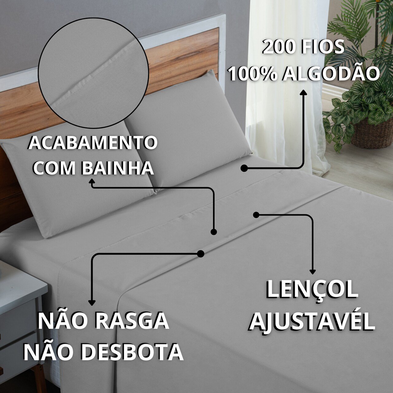 Kit Conjunto Lençol Casal com Fronhas 4 Peças Roupa de Cama Box 200 Fios Algodão:cinza - 7