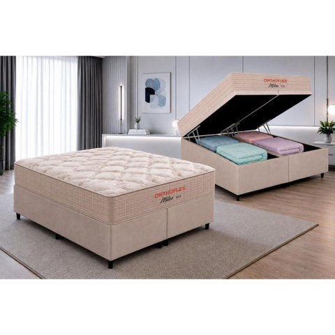 Cama Box Baú Crc Queen +Colchão D33 Milão Orthoflex 158x198