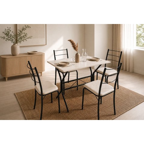 Conjunto Mesa Jantar 4 Lugares Belize Base Nexus Aço com 4 Cadeiras:Preto Off White
