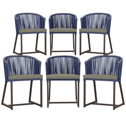 6 Cadeiras de Jantar Área Noronha em Alumínio com Pintura Marrom Corda Náutica Estofado 8 Trama Orig