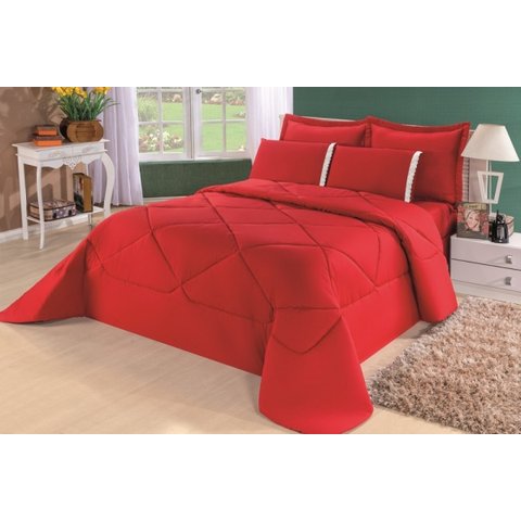 Kit Edredom + Lençol Aconchego Dupla Face Casal Queen 6 Pçs Vermelho