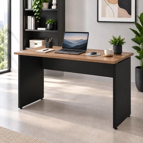 Mesa Retangular Escrivaninha 150 cm X 60 cm Tampo 25 mm Pés Painel F5 Office Cor:Nogal com Preto