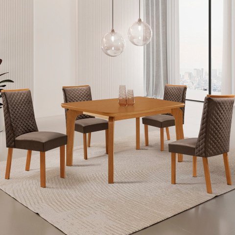 Mesa de Jantar Liz 120cm Tampo MDF Laminado Canto Copo com 4 Cadeiras Yasmin