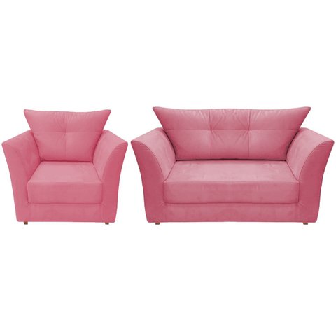 Kit Namoradeira + 1 Poltrona Decorativa Isis Suede Rosa Pés Madeira Ms Decor