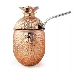 Copo de Vidro Abacaxi Rose Gold com Tampa Canudo de Metal 500ml - 1