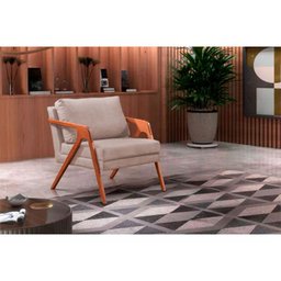 Kit 2 Poltronas para Recepção Mona Premium Linho Bege Claro e Base Madeira Maciça - - 2