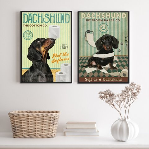 Kit 2 Quadros Banheiro Cão Dachshund 33x24cm - com Vidro:madeira Branca