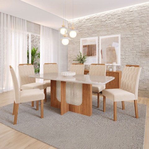 Sala de Jantar 6 Lugares Tampo de Vidro 180 cm Matilda Cadeiras Madeira Maciça Cinamomo/Nude - Panor